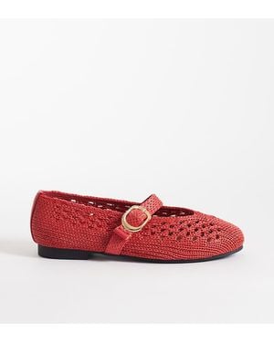 SEQWL Wide Fit Woven Ballet Flat With Buckle Detail - Red