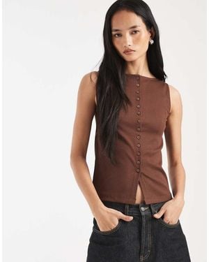 New Look Boat Neck Button Through Tank Top - Brown