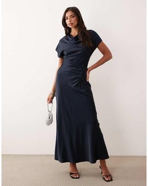 Forever New Satin High Neck Tuck Side Detail Bias Maxi Dress - Blue