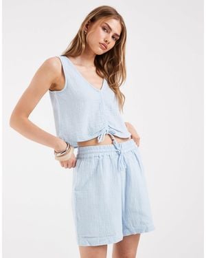Pieces Crinkled Cotton High Waisted Shorts - Blue