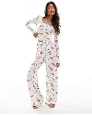 Kaiia Pantaloni Del Pigiama Mix And Match A Fondo Ampio Con Stampa Di Fragole E Fiocchi - Bianco
