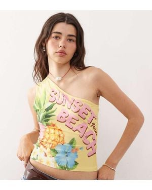Collusion One Shoulder Fitted Top With Sunset Beach Graphic - Green