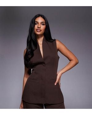 Kaiia Exclusive Tailored Sleeveless Longline Waistcoat Top Co-ord - Brown