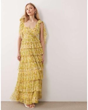 LACE & BEADS Ophelia Bow Shoulder Tulle Maxi Dress - Yellow