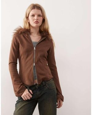Monki Double Zip Hooded Faux Fur Jacket - Brown