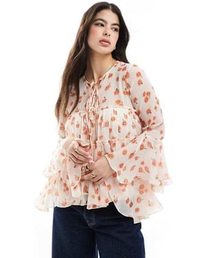 ASOS Tie Front Tiered Blouse With Ruffle Cuffs - Pink