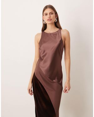 Aware Asymmetric Mixed Texture Satin Midi Dress - Brown