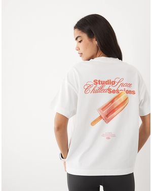 4505 T-shirt oversize en coton épais avec imprimé glace au dos en - Blanc