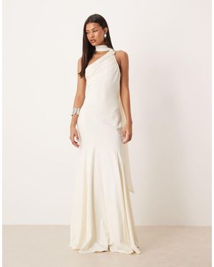 Pretty Lavish Bridal One Shoulder Scarf Neck Maxi Dress - Natural