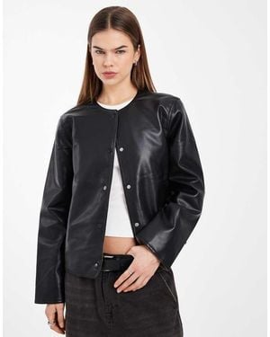 Vero Moda Collarless Faux Leather Short Jacket With Quilted Lining - Black