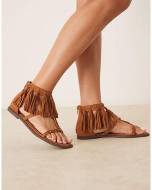 ASOS Feather Studded Fringe Flat Sandals - Brown