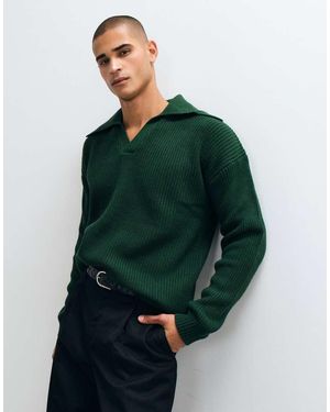 ASOS Maglione Polo Lavorato A Maglia Oversize Con Colletto Molto Aperto - Verde