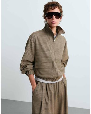 Oysho Houndstooth High-Neck Jacket - Brown