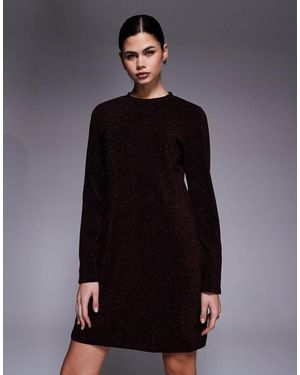 Object Vestido Corto Marrón Cálido De Manga Larga Con Acabado Efecto Purpurina De - Negro