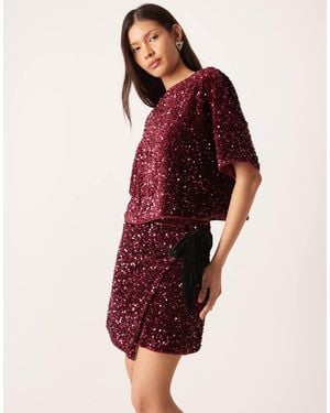 ASOS Velvet Sequin Wrap Mini Skirt Set - Red
