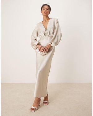 Gina Tricot Satin Long Sleeve Midi V Neck Tie Front Ruched Detail - Natural