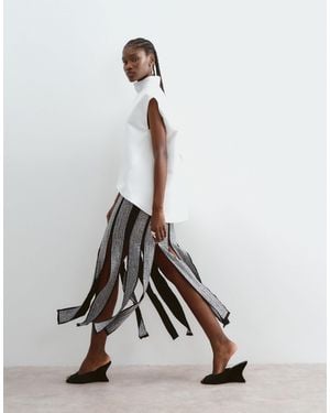 ARRANGE Embellished Paneled Fringe Hem Midi Skirt - White