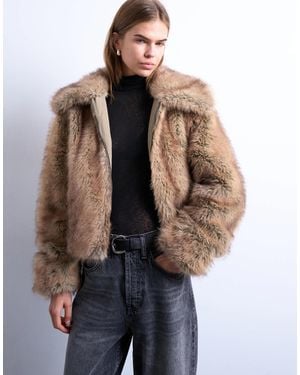 TOPSHOP Faux Fur Stripe Zip Thru Bomber Jacket - Blue