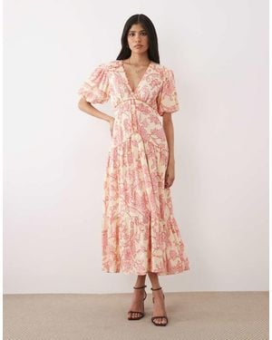 Hope & Ivy V Neck Puff Sleeve Midi Dress - Pink