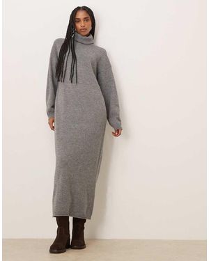 Vila Vestido Midi Melange Con Cuello Vuelto De Punto De - Gris