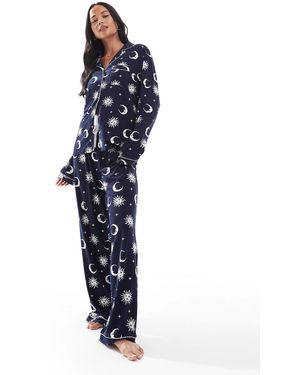 Loungeable Super Soft Jersey Revere Top And Wide Leg Pajama Set With Piping Detail - Blue