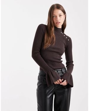 The Frolic Exclusive Ribbed Pearl Detail Flare Sleeve Sweater - Brown