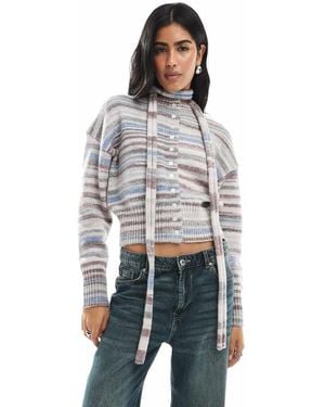 Daisy Street Space Dye Striped Marl Button Through Cardigan With Scarf - Grey