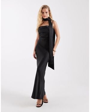Pretty Lavish Bridesmaid Keisha Satin Cowl Neck Maxi Dress With Scarf - Black