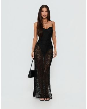 Princess Polly Yvanna Lace Semi Sheer Inner Bodysuit Sweetheart Neckline Side Slit Maxi Dress - White
