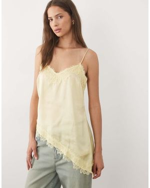 New Look Longline Asymmetric Lace Trim Satin Cami Top - Natural