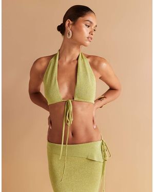 Wanderdoll Heidi Metallic Knitted Bralette Tie Front Beach Top Co-ord - Green