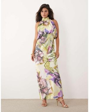ASOS Halter Neck Blouson Satin Maxi Dress - White