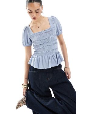 New Look Shirred Bodice Puff Sleeve Top - Blue