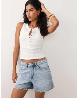 Vila Pantalones Cortos Vaqueros Azul Claro De Talle Alto - Blanco