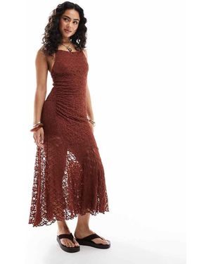 Pull&Bear Asymmetric Hem Lace Maxi Dress - Red