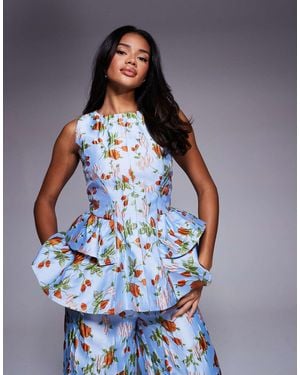 ASOS Co-ord Jacquard Peplum Top With Bow Back - Blue