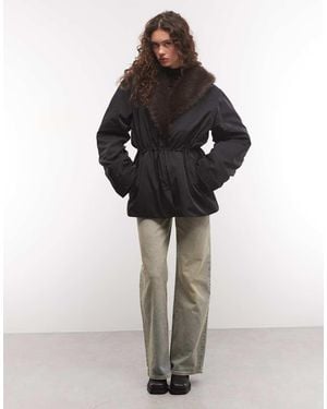 Monki Faux Fur Cinched Puffer Coat - Black