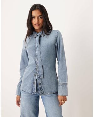 Mango Cotton Mix Long Sleeve Denim Shirt With Tie Neck - Blue