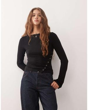 Weekday Boat Neck Long Sleeve Top With Eyelet Split Hem Detail - Black