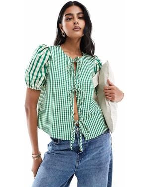 ONLY Gingham Front Tie Detail Top - Green