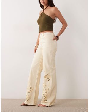 Mango Doja 100% Cotton Straight Jeans With Embroidery Detail - Natural