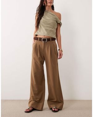 ASOS Tailored Wide Leg Pants With Turn Up Hem - Natural