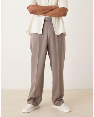 ASOS Smart Wide Leg Trousers With Double Pleats - Natural