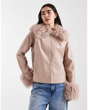 Daisy Street Zip Through Boxy Jacket With Faux Fur Trims - Blue