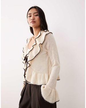 Y.A.S Constrast Frill Detail Tie Front Cardigan - Natural