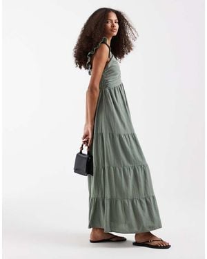 Vero Moda Cotton Ruched Plunge Front Tiered Maxi Dress - White
