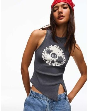 Bershka Asymmetric Printed Sleeveless Top - Blue