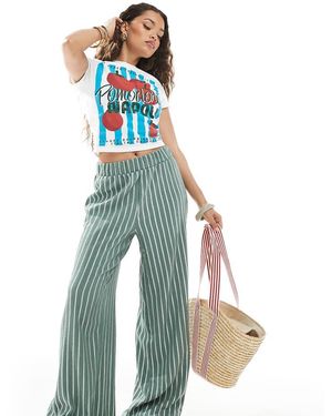 Only Petite Pantaloni A Fondo Ampio Verdi A Righe Testurizzati - Blu