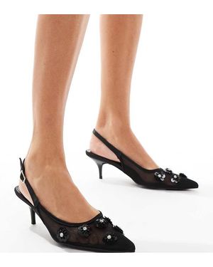 Public Desire Public Desire Kyle Wide Fit Sling Back Pointed Kitten Heels With 3d Embellished Flowers - Black