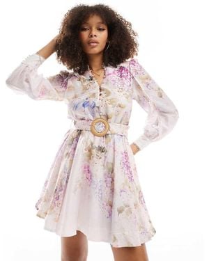 Forever New Vestido Corto Lila Y Rosa Con Estampado Floral, Diseño Bordado Y Cinturón De - Multicolor